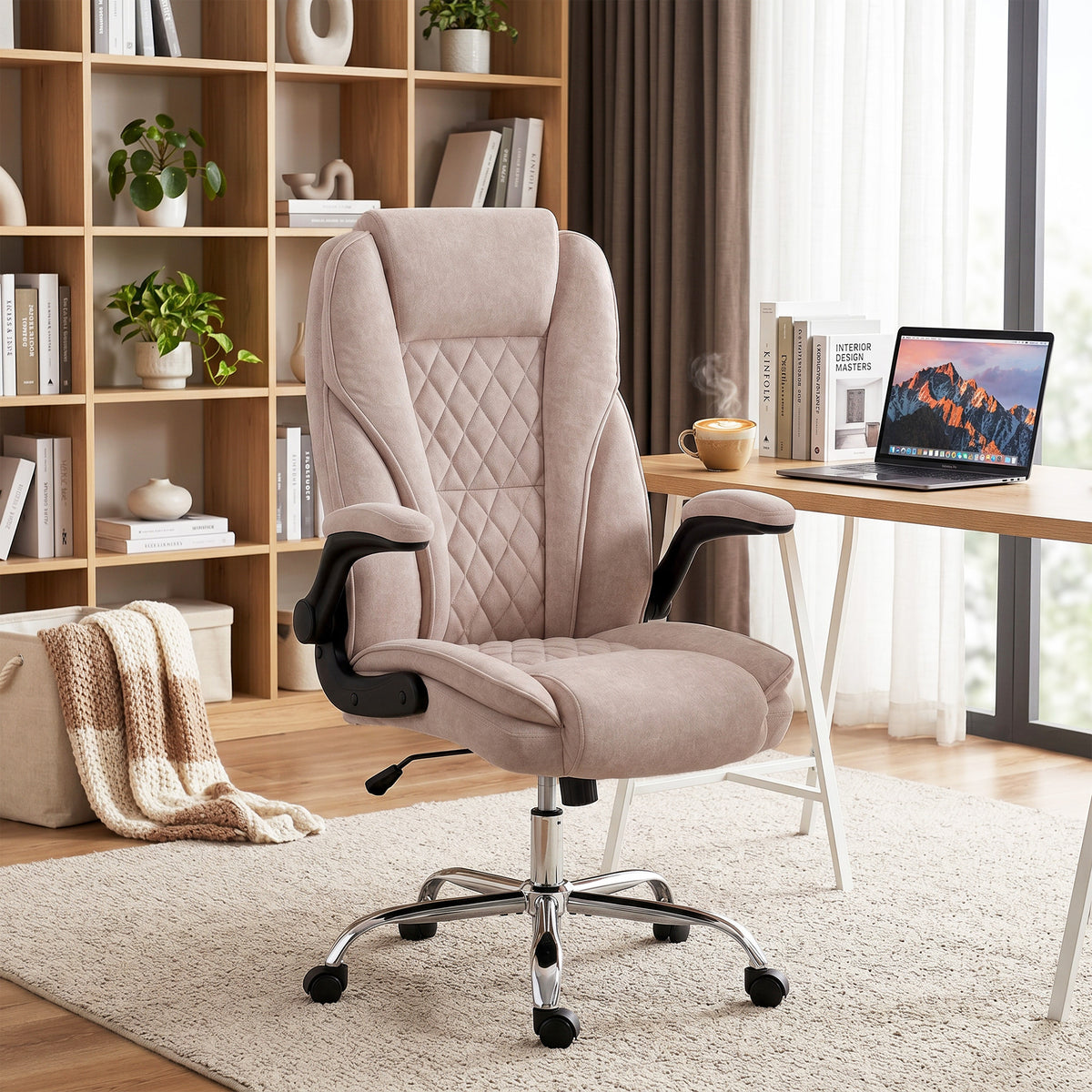 Fauteuil de bureau, chaise bureau ergonomique, hauteur réglable, accoudoirs relevables, 70 x 70 x 114-122 cm, rose-1
