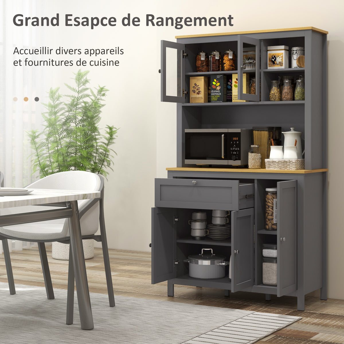 Armoire de cuisine buffet cuisine 5 portes dont 2 portes vitrées et 1 tiroir, 1 niche centrale - hauteur 180 cm gris-3
