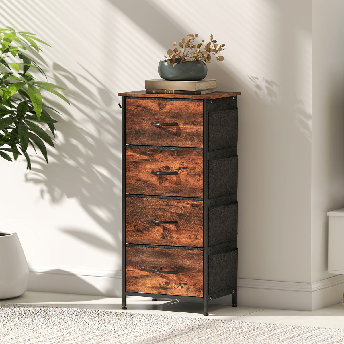 Commode 4 tiroirs en tissu, meuble de rangement avec 4 poches, 2 crochets, structure en acier, 45 x 30 x 94,5 cm, marron-8