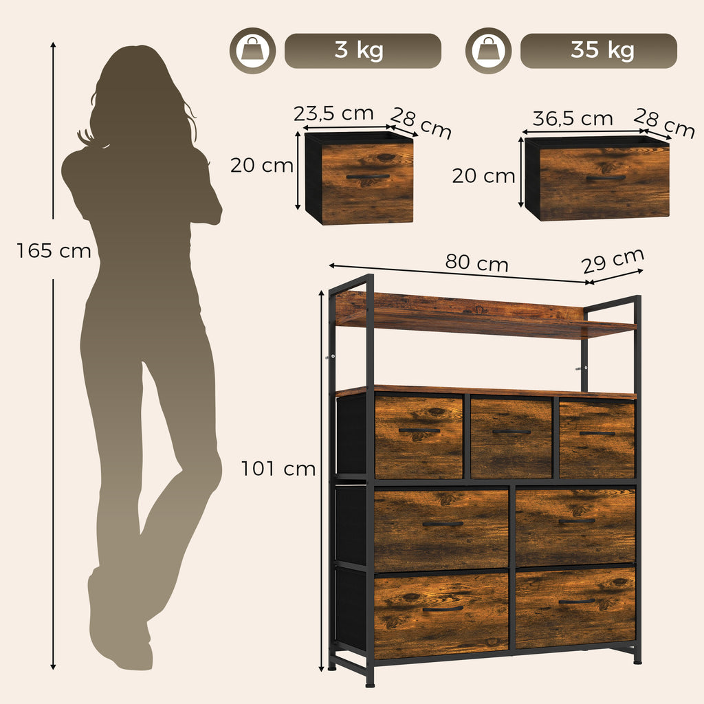Meuble de rangement commode 7 tiroirs en tissu pliables et amovibles étagères ouvertes, brun rustique-2