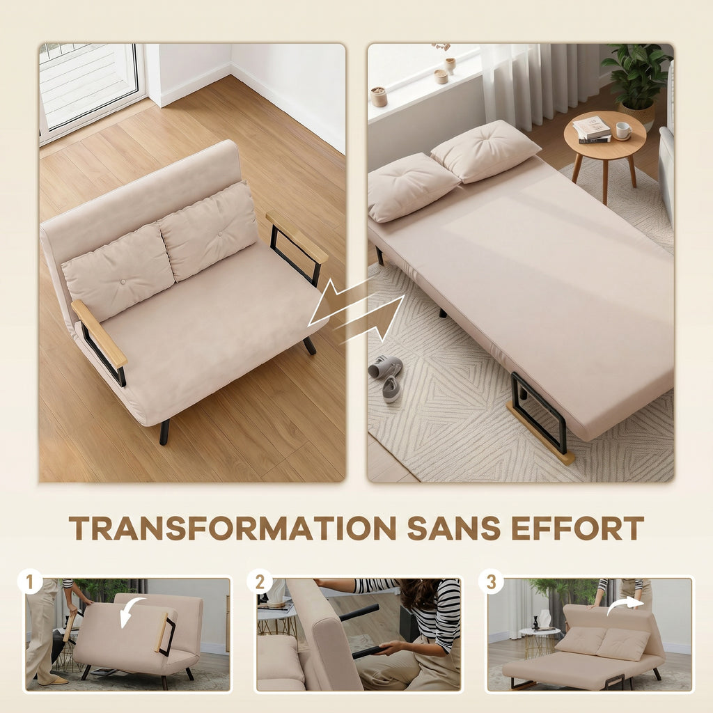 Canapé convertible 2 places avec dossier réglable à 5 niveaux et 2 coussins rembourrés, revêtement effet velours, beige-3