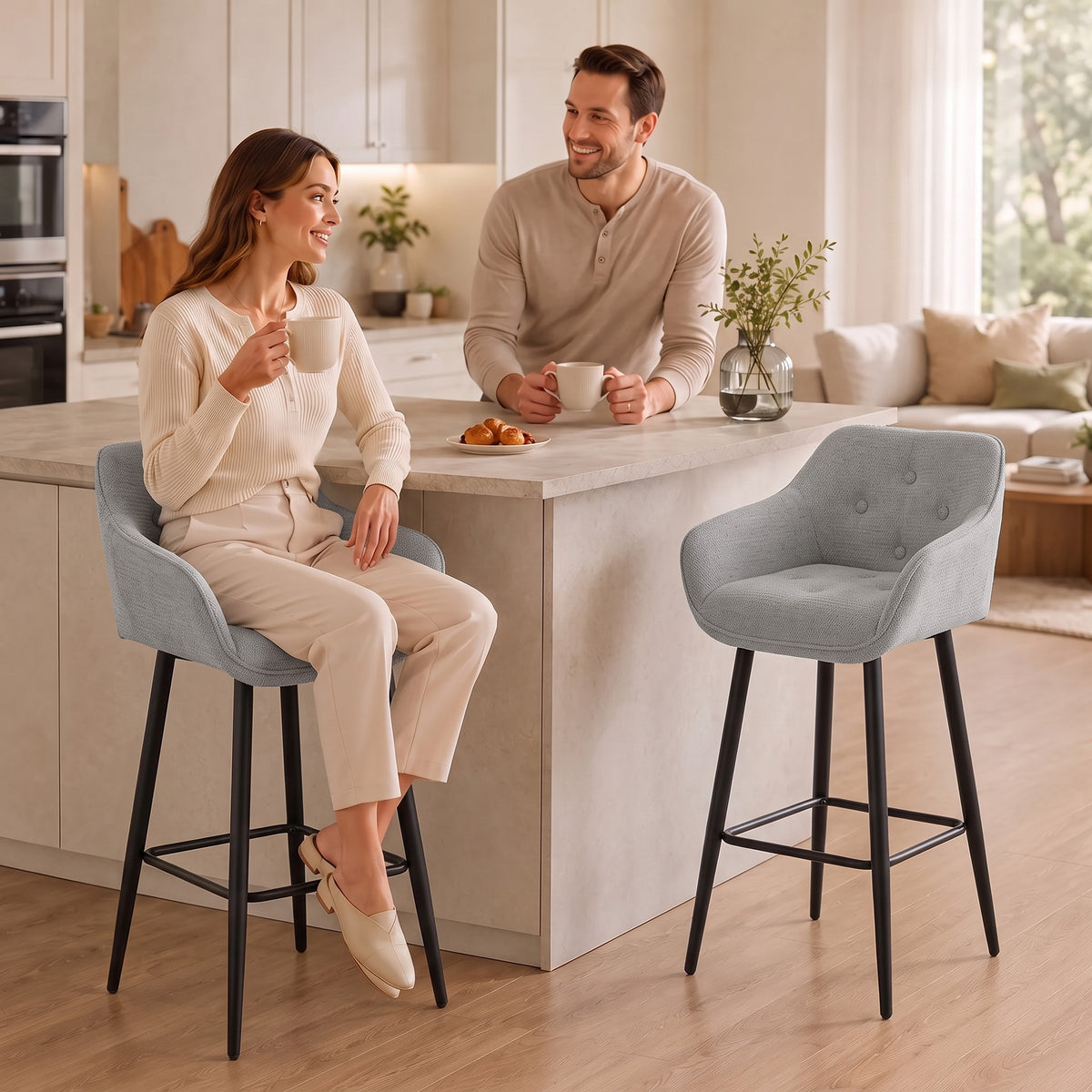 Lot de 2 Tabourets de Bar, Chaises de Bar Rembourrées en Chenille, Assise Large 67H cm, Dossier et Repose-Pieds, Gris-8