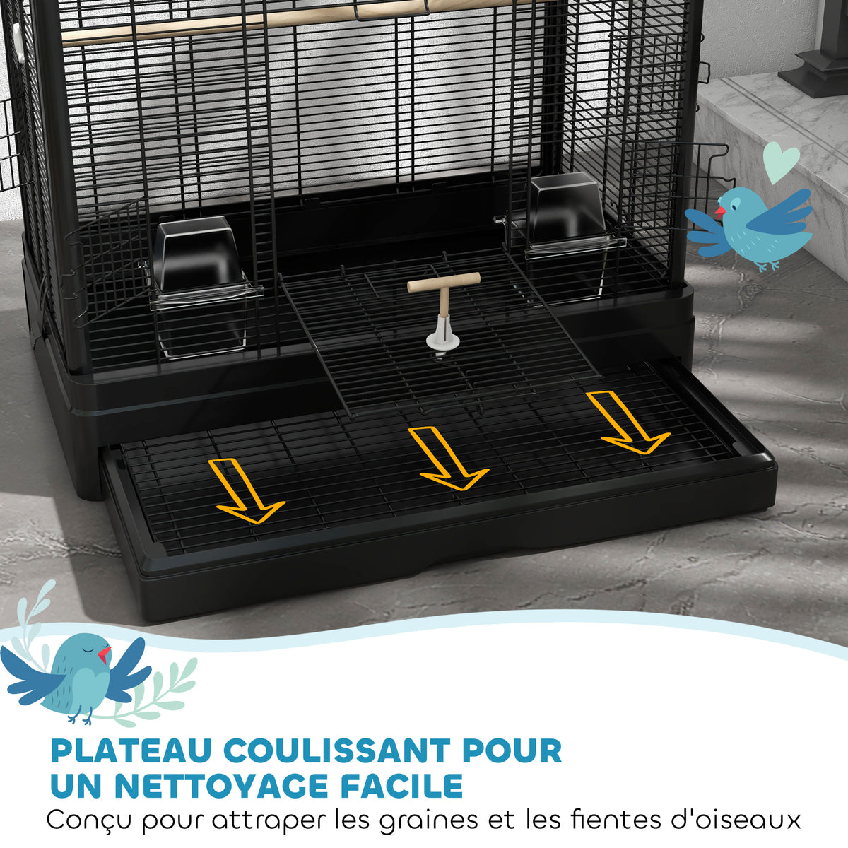 Cage à oiseaux volière avec portes perchoirs cage pour canaris perruches perroquets 61 x 36,5 x 98 cm noir-3
