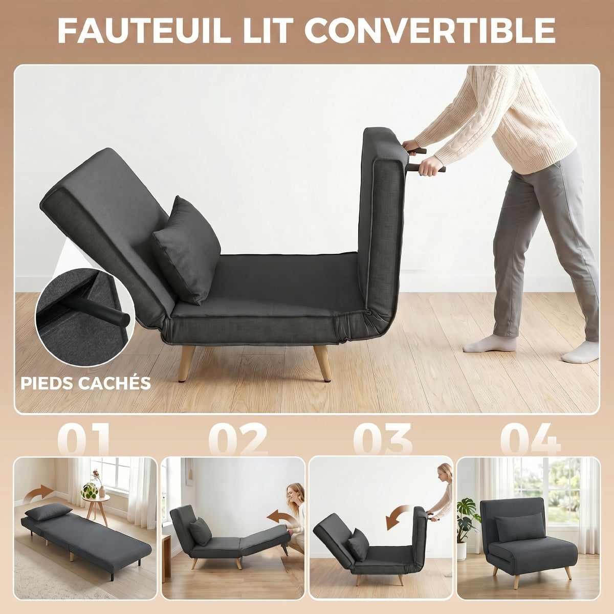Canapé-lit 1 place avec dossier réglable, coussin inclus et pieds pliables charge 120 kg gris-3