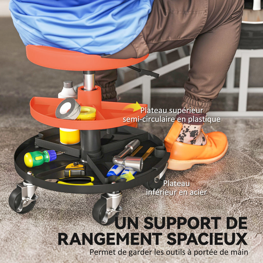 Tabouret d'atelier à roulettes, tabouret de mécanicien avec hauteur réglable 40-51 cm, 2 étagères 38x38x51cm, orange-8