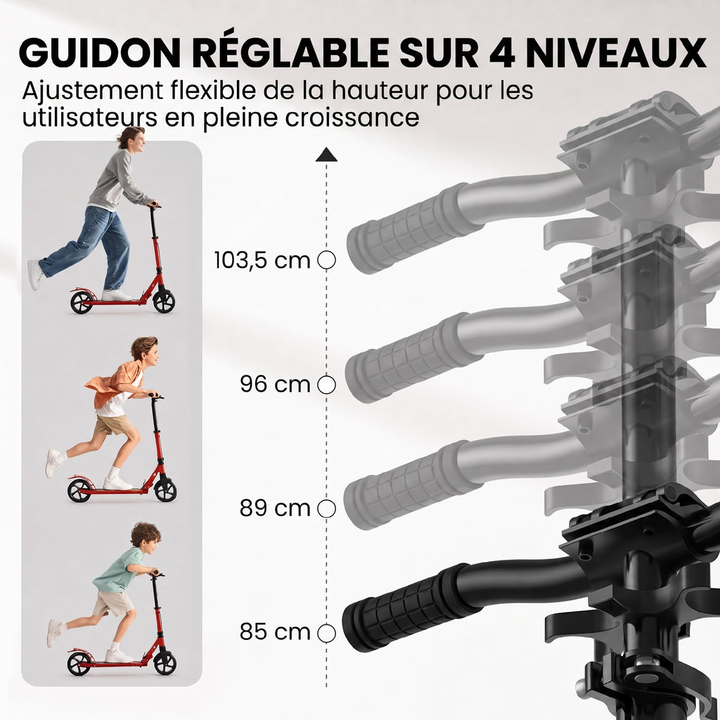 Trottinette Pliable en Aluminium, Guidon Réglable, Freinage Double à Main/Pédale, Roues PU 18 cm, 86x38x103,5cm, Rouge-4