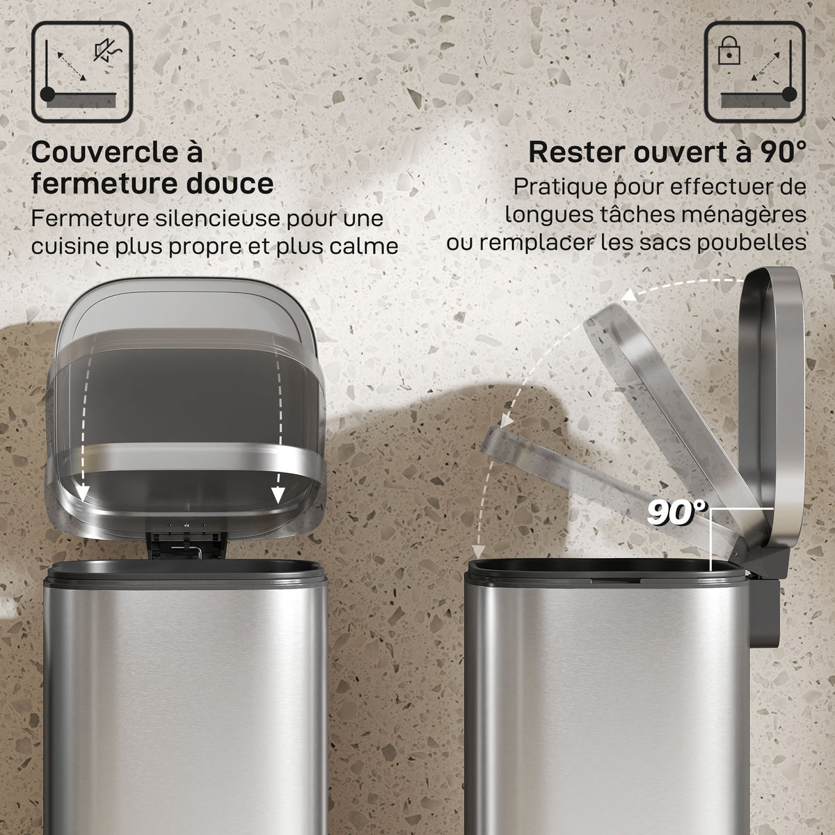 Poubelle cuisine 30L, poubelle à pédale avec seau intérieur amovible, couvercle à fermeture douce, 29x36x59,5cm, argent-4