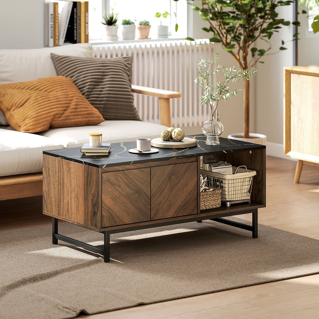 Table basse, table de salon, plateau effet marbre, 2 portes et 2 niches ouvertes, 100 x 50,8 x 45,7 cm, noyer-9