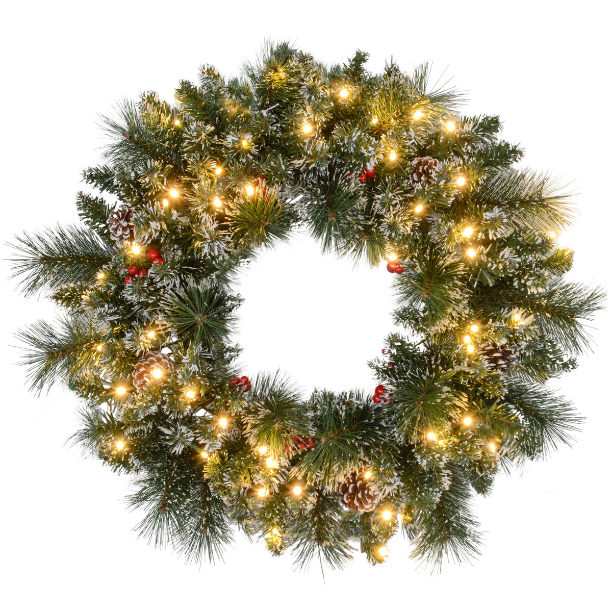 Couronne de Noël porte artificielle 60 CM avec pommes de pin et grappes de baies, lumières LED et minuterie vert-0