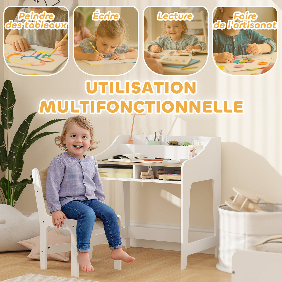 Ensemble bureau et chaise pour enfant 3 à 8 ans avec compartiments et étagères ouverts, effet bois naturel-3
