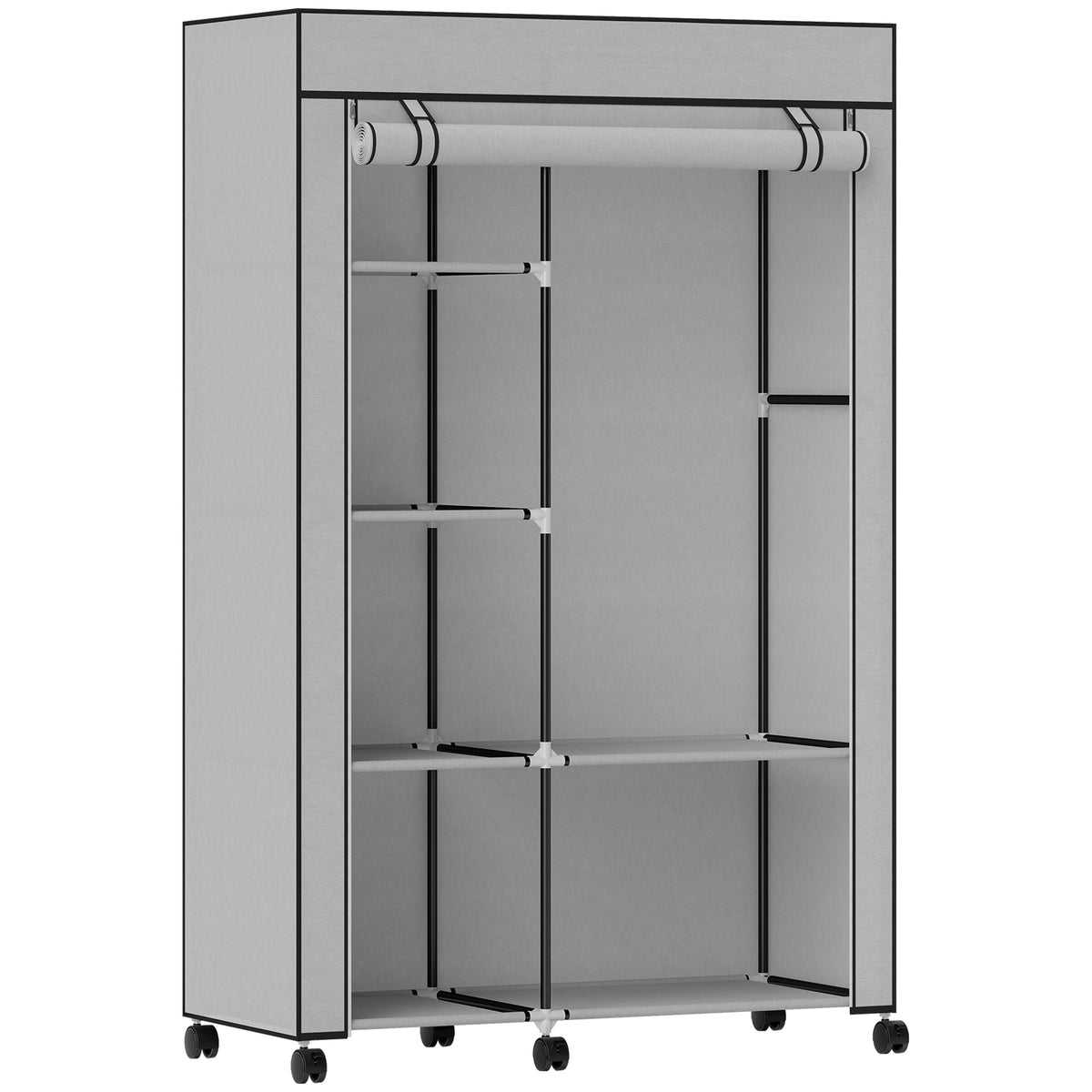 Armoire penderie en tissu meuble de rangement 6 roulettes tringle à vêtements et étagères ouvertes 103x43x162,5cm gris-0