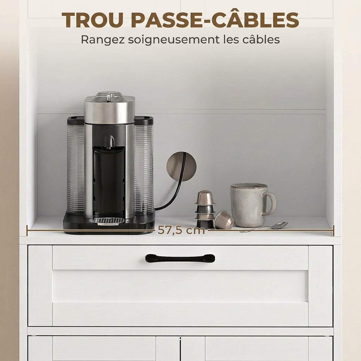 Buffet Haut Cuisine, Armoire Cuisine, 4 Portes à Fermeture Douce, Tiroir, Compartiment Ouvert, Étagères Réglables, Blanc-5