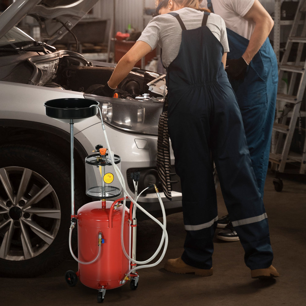 Récupérateur d'huile de vidange portable 2-en-1 avec hauteur réglable et vidangeur d'huile pneumatique de 80L-1