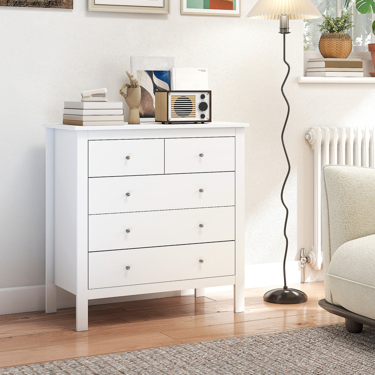 Commode à 5 tiroirs, meuble de rangement, avec poignées, glissières métalliques,  en bois, 79l x 39,5P x 80,5H cm, blanc-1