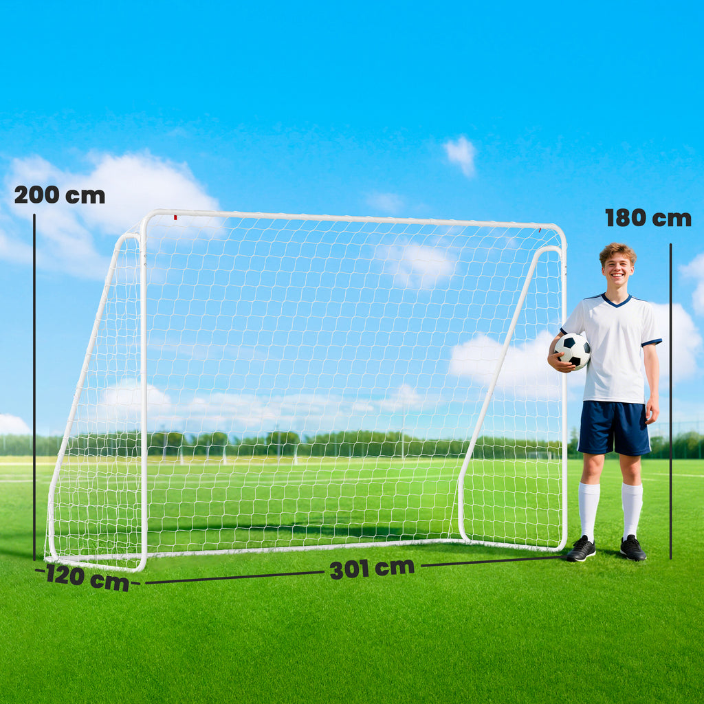 But de football - cage de foot - but d'entrainement dim. 301L x 120l x 200H cm - châssis métal époxy filet PE - piquets inclus - blanc-2