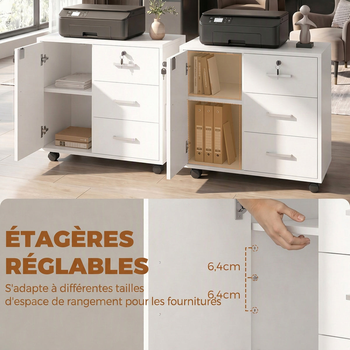 Caisson bureau meuble de rangement verrouillable avec 3 tiroirs et étagère réglable, roulettes, 40 x 60 x 56 cm, blanc-5