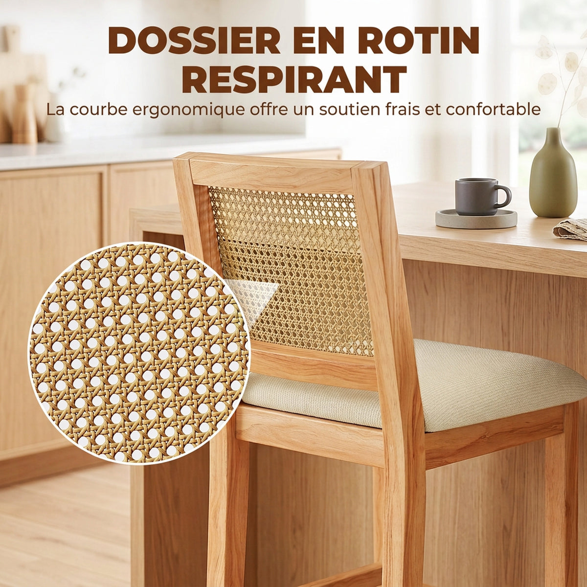 Lot de 2 Tabourets de Bar, Chaises de Bar avec Dossier Effet Rotin, Assise Rembourrée en Chenille de 66H cm, Crème-4