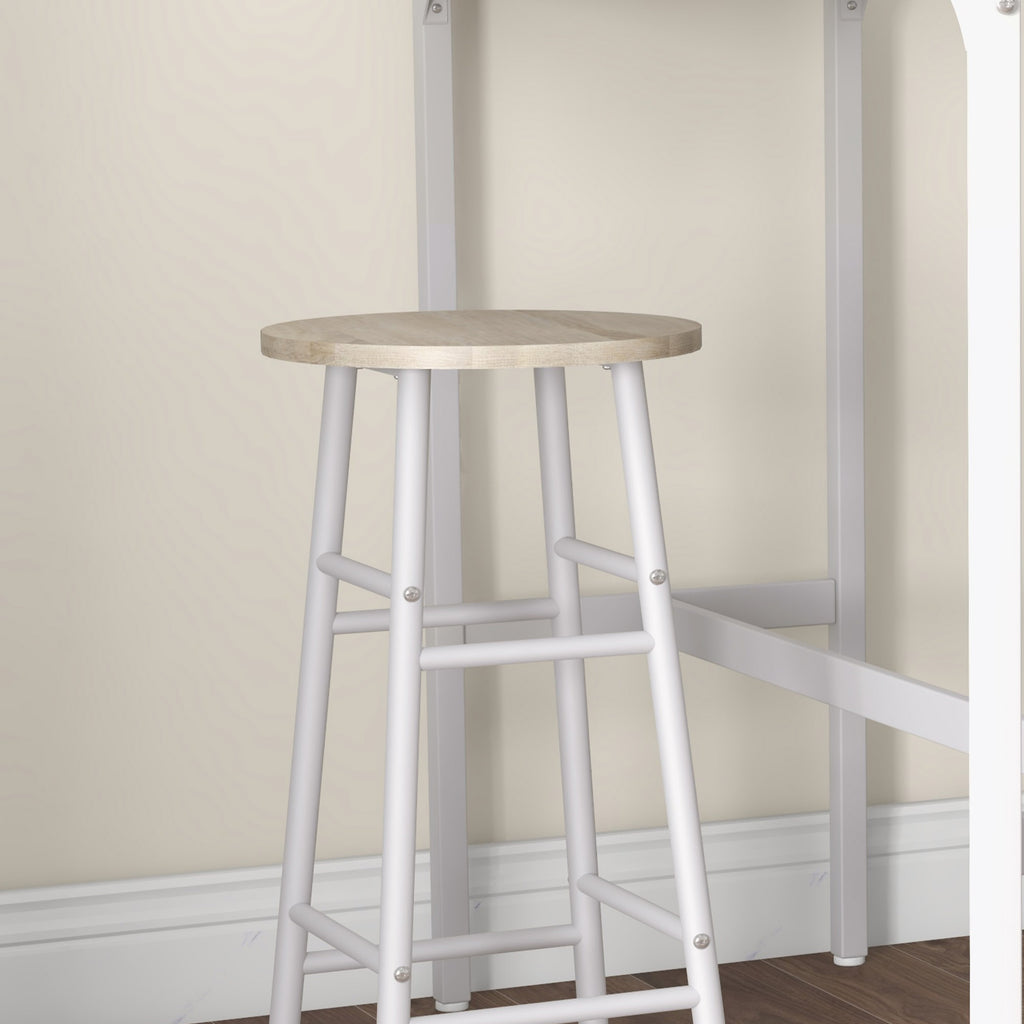 Ensemble table haute de bar + 2 tabourets structure en acier plateau aspect bois naturel 2 personnes blanc-7