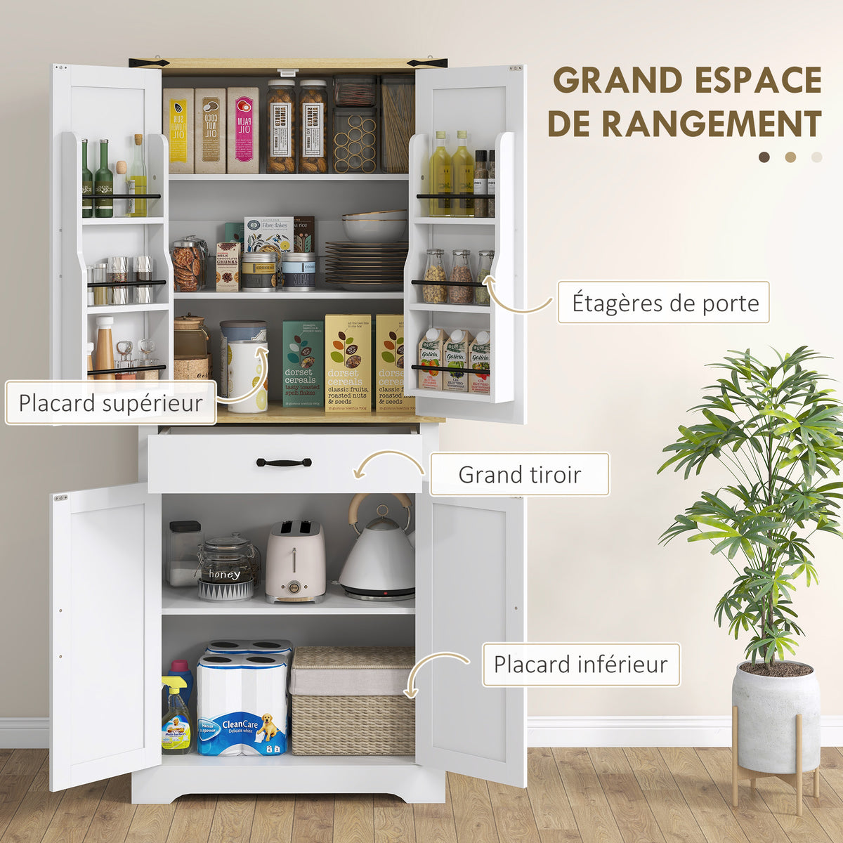 Armoire de cuisine buffet cuisine, 4 portes, 6 étagères à porte,1 tiroir et étagères réglables 76,5 x 40 x 181 cm blanc-3