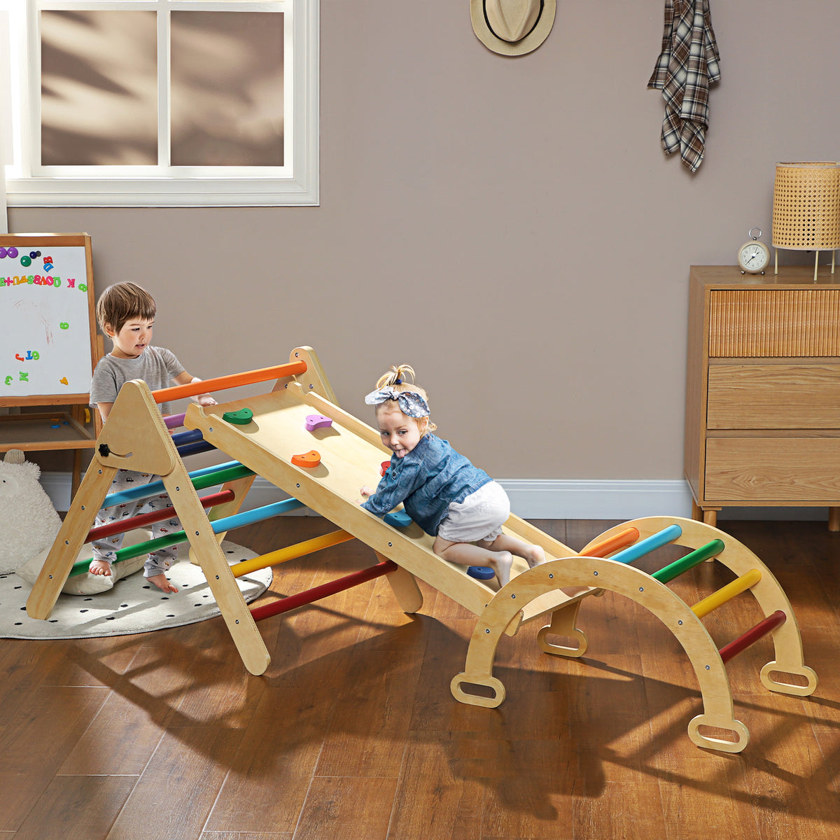 5 en 1 Triangle arche d'escalade enfants avec rampe d'escalade réversible toboggan bascule multicolore-9