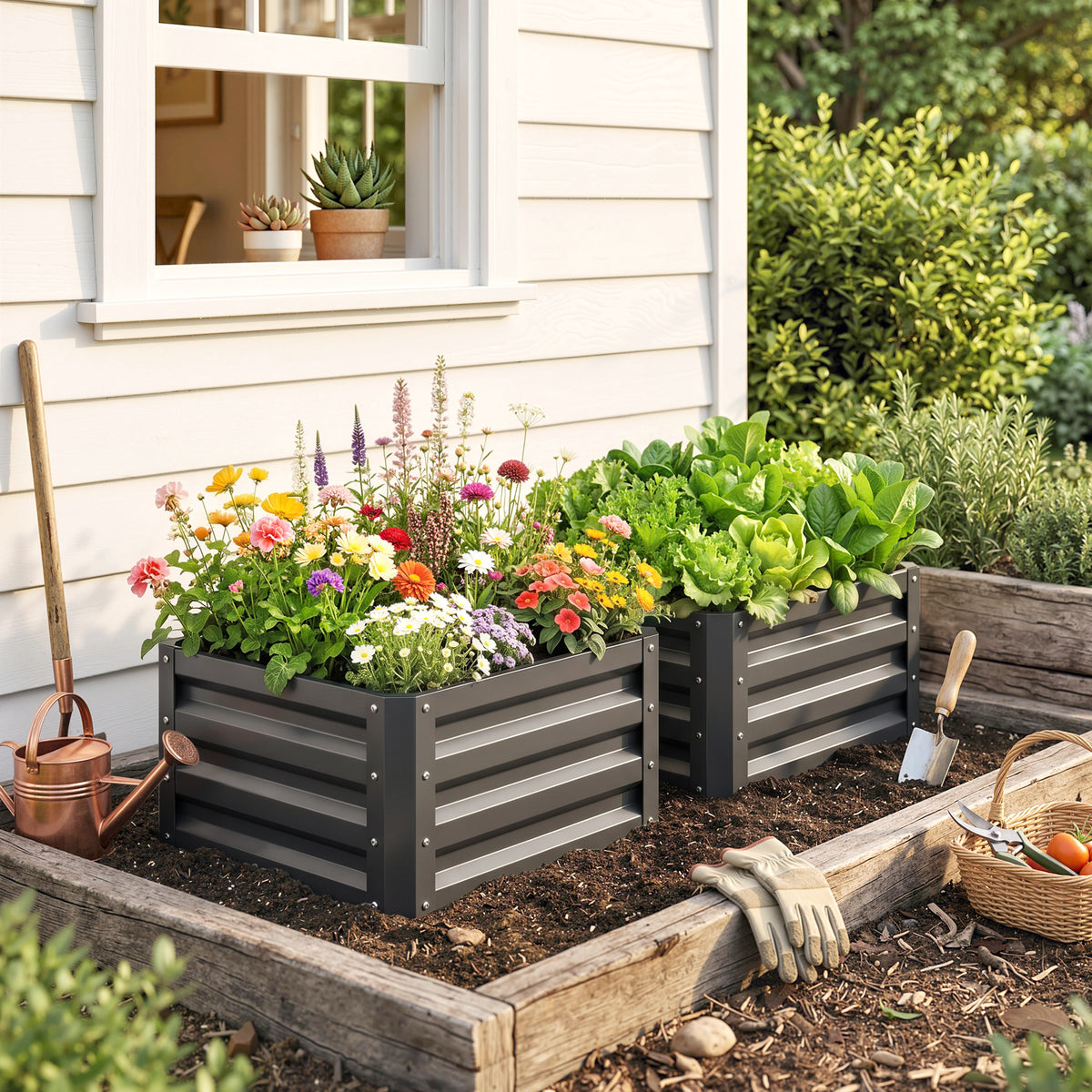 Lot de 2 jardinières surélevées, carre potager de jardin pour légumes, fleurs, acier galvanisé 60 x 60 x 30,5 cm, gris-7