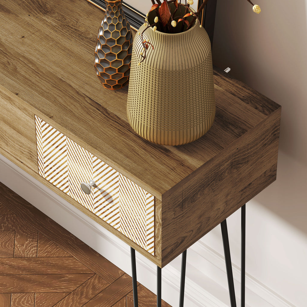 Table console avec 3 tiroirs, table d'entrée étroite avec pieds en épingle à cheveux en acier, 90 x 30 x 75 cm, marron-7
