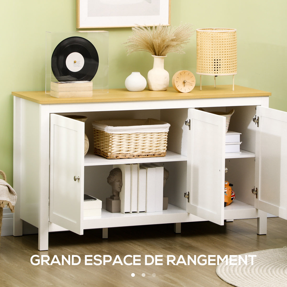 Buffet meuble de rangement avec 3 portes 2 étagères réglables plateau aspect bois clair 120 x 40 x 70 cm blanc-3