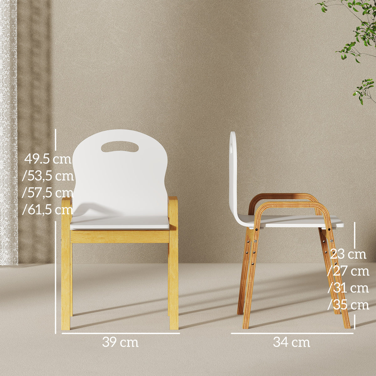 Lot de 2 chaises pour enfants réglables en hauteur fauteuil enfants en bois massif avec accoudoirs 39x34x61,5cm blanc-2