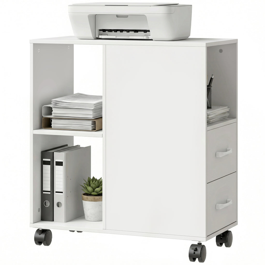 Support d'imprimante, meuble de rangement sur roulettes avec tiroirs, étagère réglable et compartiment ouvert, blanc-8