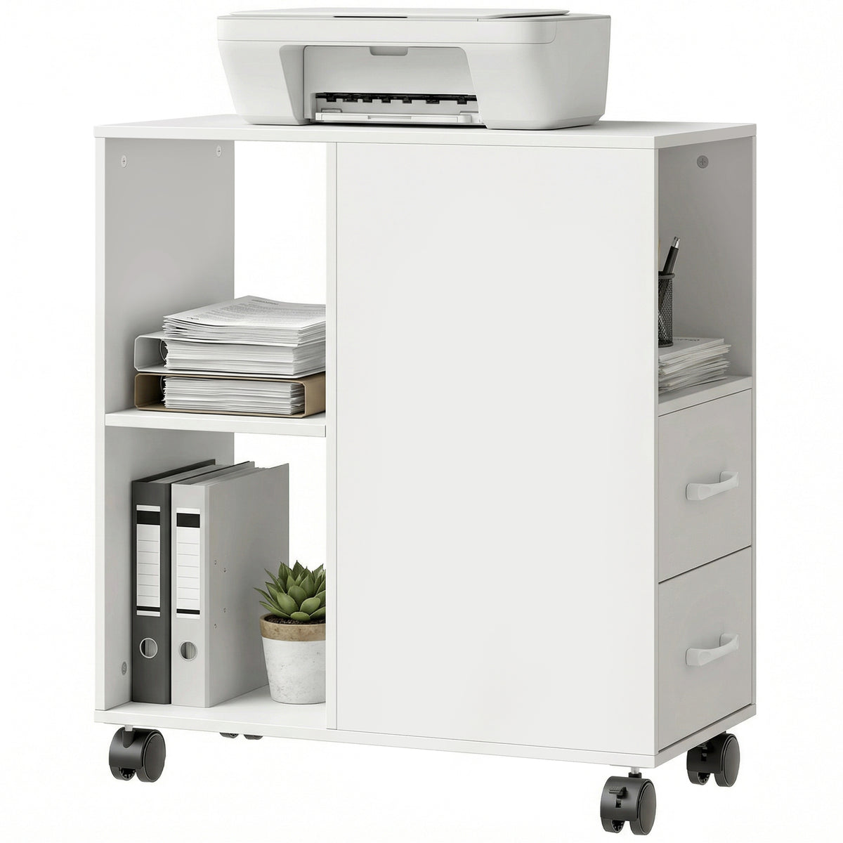 Support d'imprimante, meuble de rangement sur roulettes avec tiroirs, étagère réglable et compartiment ouvert, blanc-8