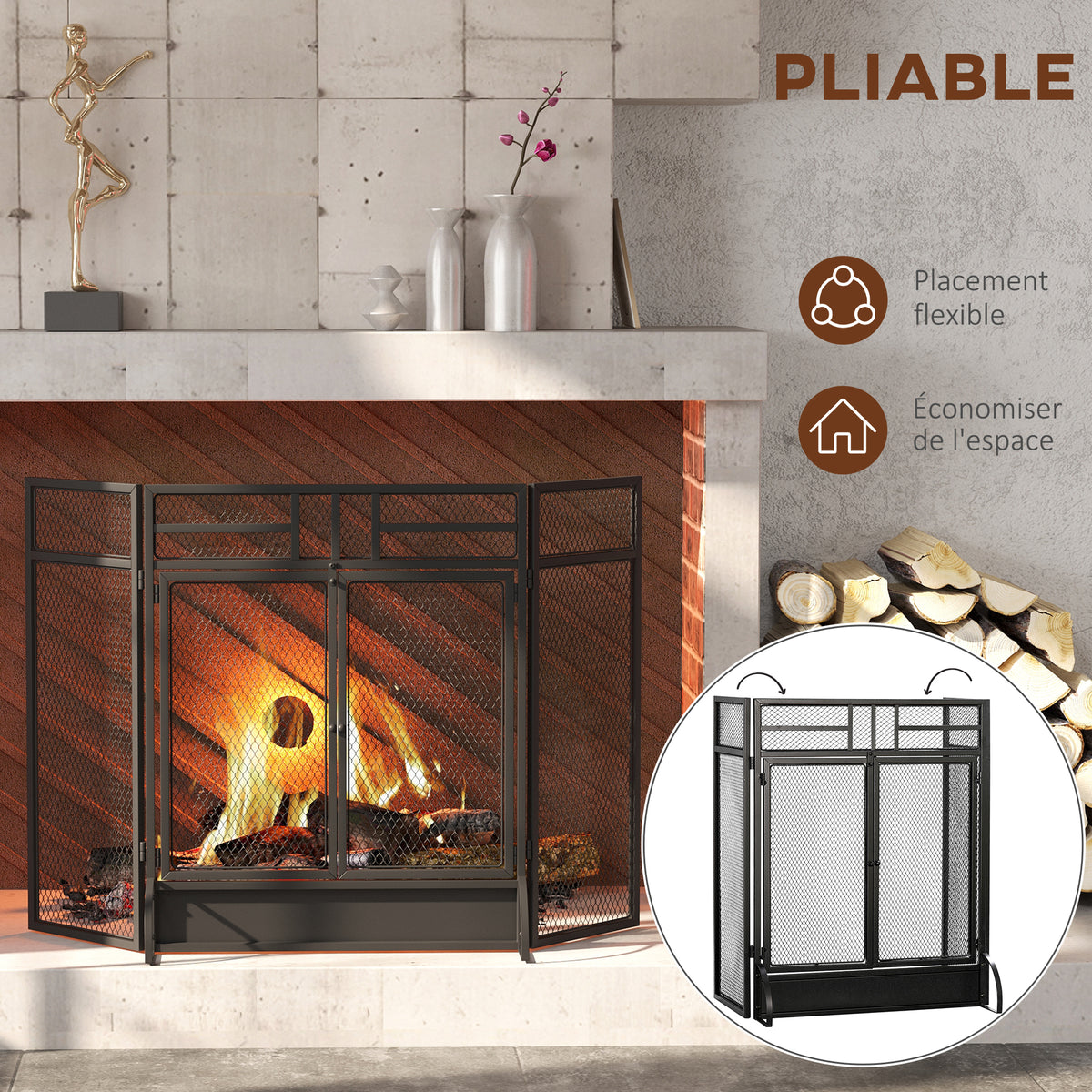 Pare-étincelles grille de protection pour cheminée pare-feu barrière de sécurité 3 volets pliables et porte 120 x 79 cm-4