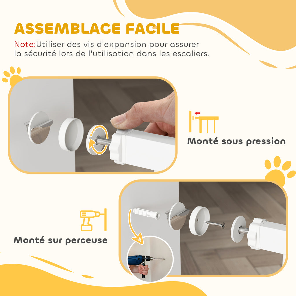 Barrière de sécurité pour chien extensible 74-100 cm fermeture automatique fixation par pression sans percer blanc-6