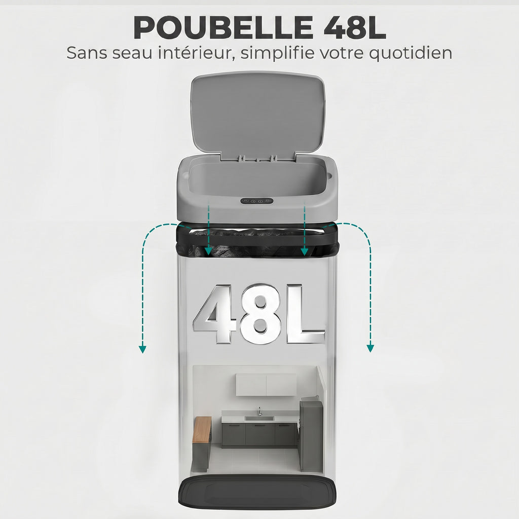 Poubelle de cuisine automatique 48L en acier inoxydable, couvercle à fermeture en douceur, 33x25x69cm, argent-5