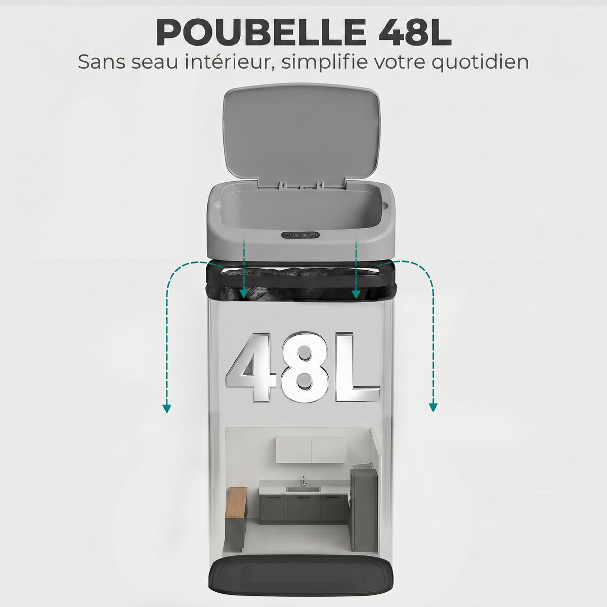 Poubelle de cuisine automatique 48L en acier inoxydable, couvercle à fermeture en douceur, 33x25x69cm, argent-5
