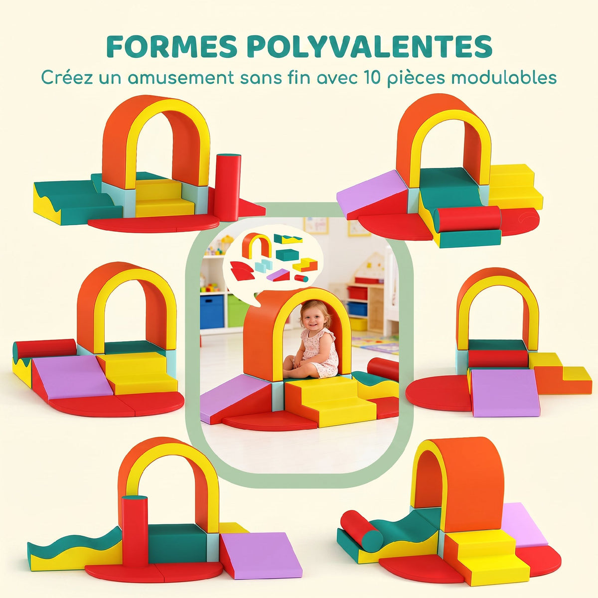 Parcours motricité bébé 10PCS, module motricité bébé en mousse EPE avec housse en revêtement PU, multicolore-3