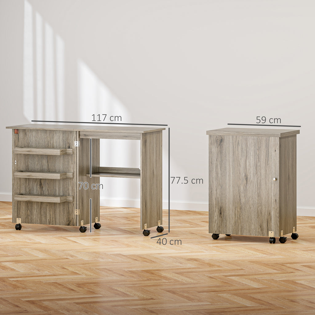 Table de couture pliante meuble couture à abattant avec bacs de rangement, étagère ouverte et roulettes effet bois grisé-2