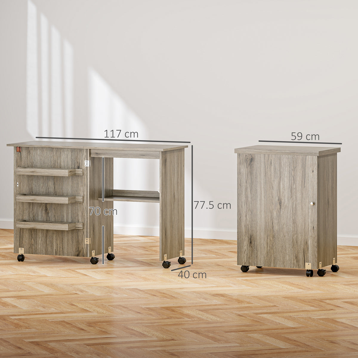 Table de couture pliante meuble couture à abattant avec bacs de rangement, étagère ouverte et roulettes effet bois grisé-2