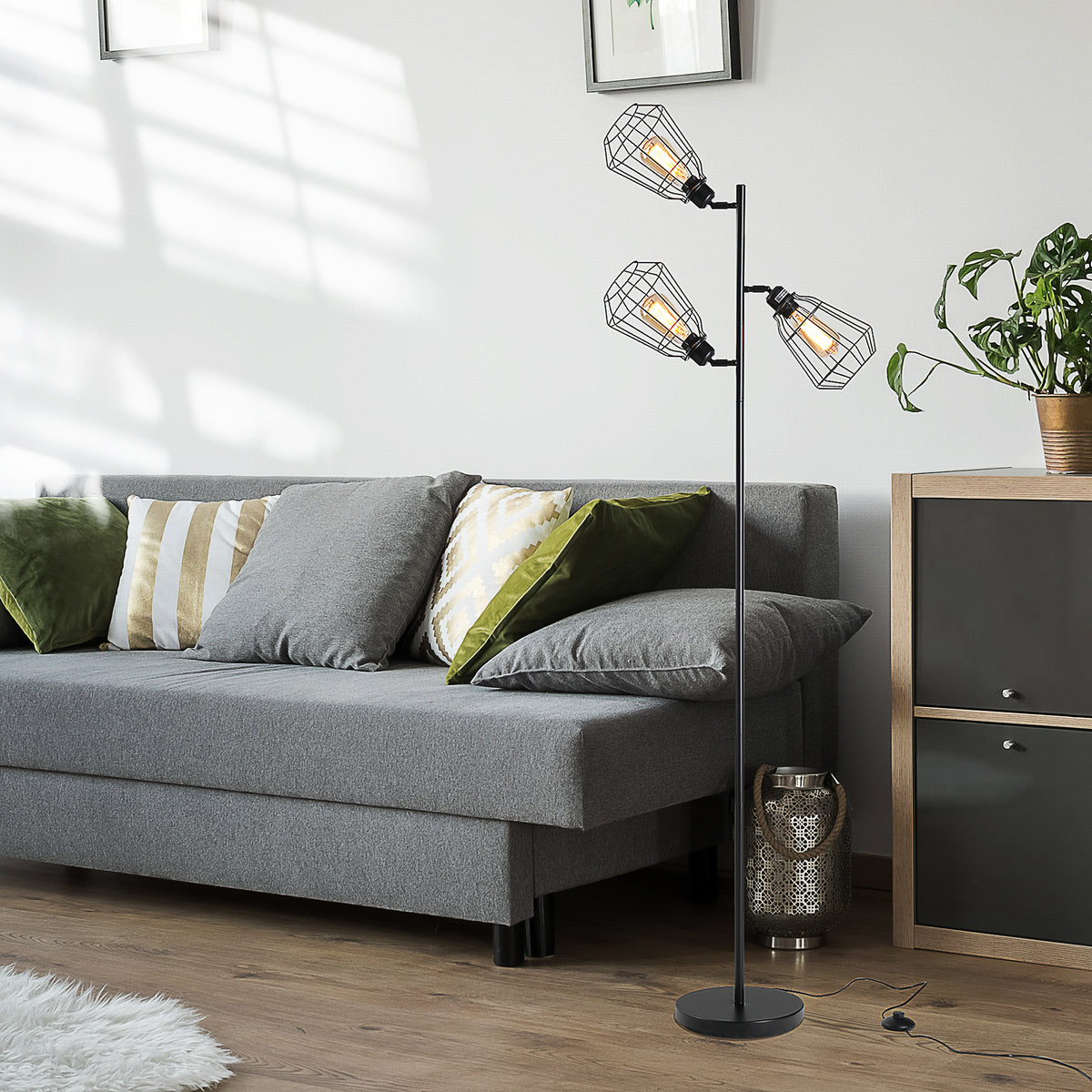Lampadaire design industriel 3 ampoules max. 40 W abat-jour cage métal noir-1