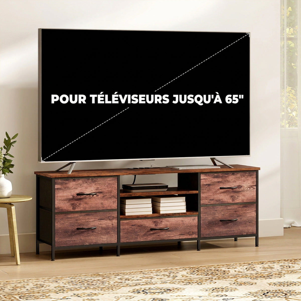 Meuble TV 140 cm, Meuble Télé 65 Pouces, Station de Charge, 5 Tiroirs en Tissu, Étagères Ouvertes, Brun Rustique-6