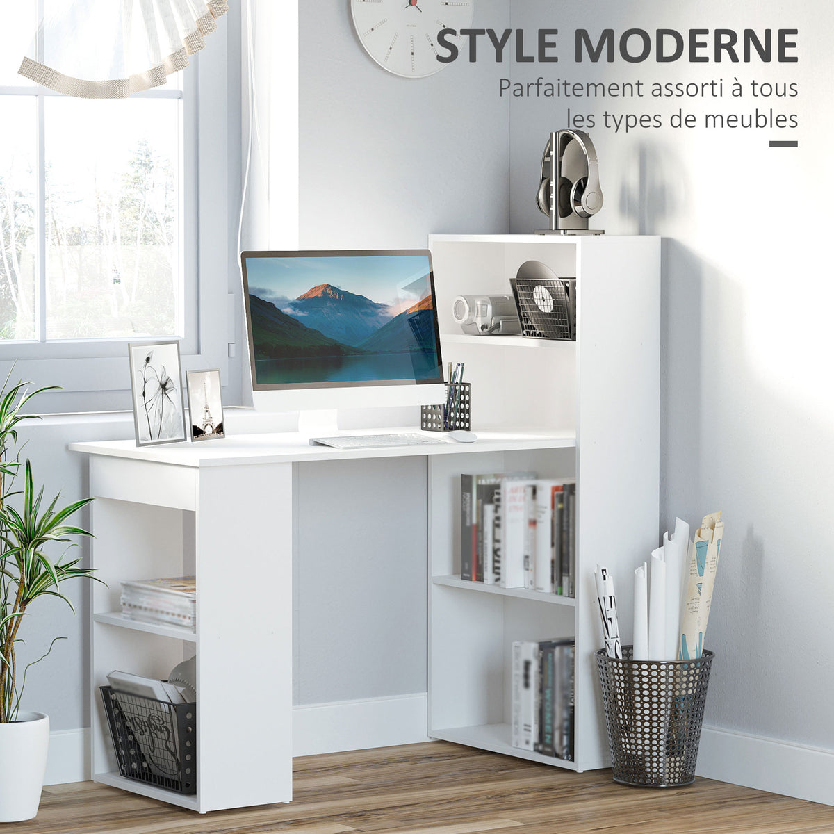 Bureau informatique, bureau avec rangement, 6 compartments ouverts, table d'ordinateur pour chambre, studio, 120-3