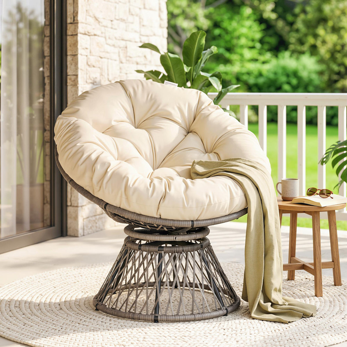 Fauteuil rond de jardin fauteuil papasan pivotant Ø 97 x 90H cm grand coussin fourni polyester résine tressée-1