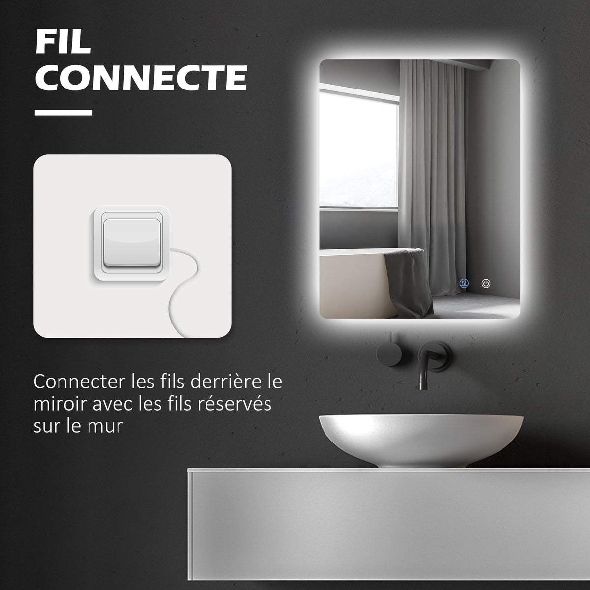 Miroir rectangulaire mural lumineux LED de salle de bain 80 x 60 cm luminosité réglable blanc transparent-8