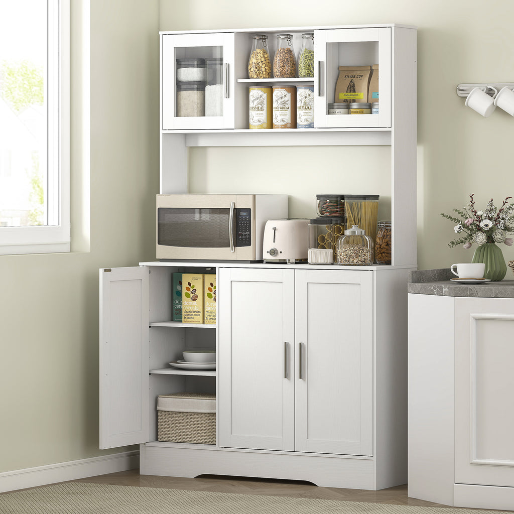 Armoire de cuisine scandinave avec placards, compartiments ouverts, portes vitrées et plan de travail, blanc-1