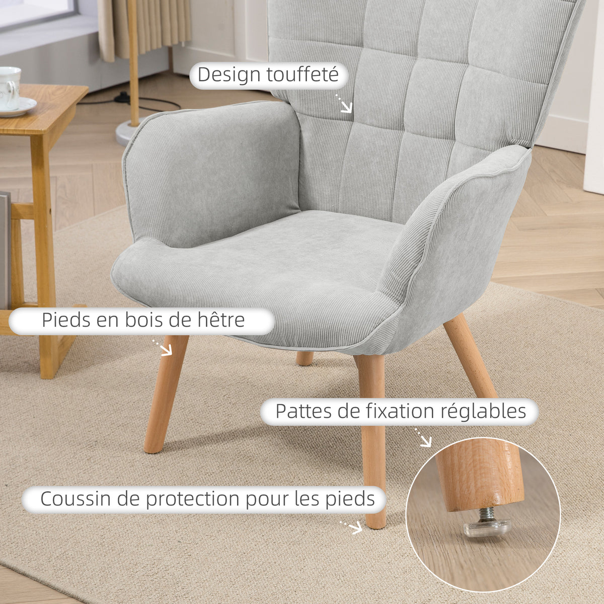 Fauteuil avec repose pied, dossier haut, pieds en bois et tissu aspect velours côtelé, pour salon chambre à coucher gris-4