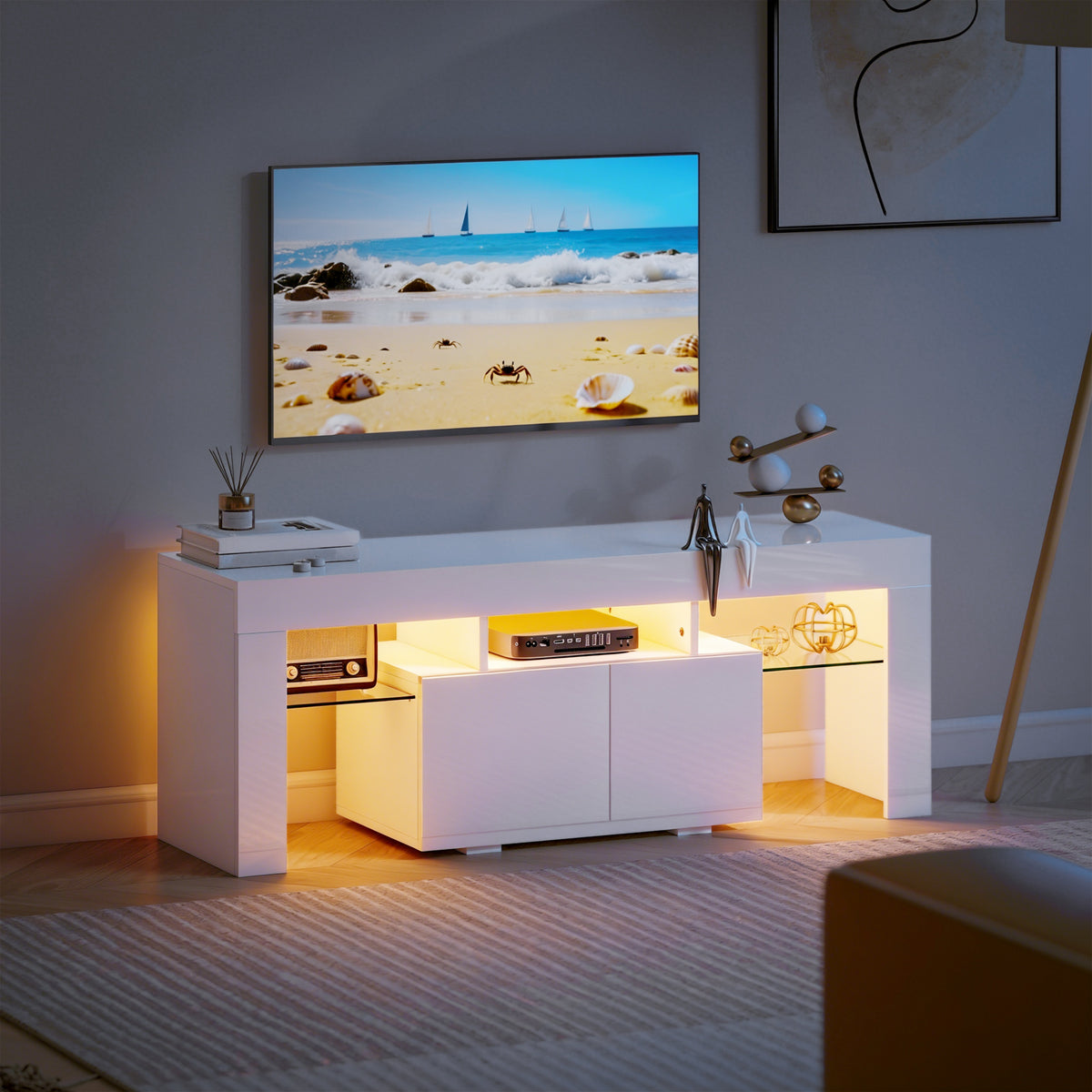 Meuble TV, meuble télé avec éclairage LED RGB, haute brillance, étagères en verre trempé, 120x34x45cm, blanc-1
