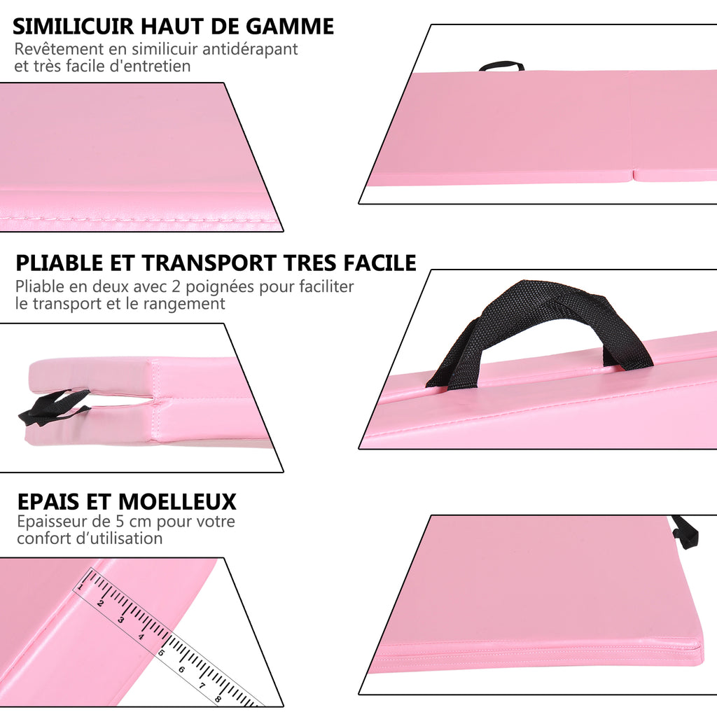 Tapis de gymnastique yoga pilates fitness pliable portable grand confort 180L x 60l x 5H cm revêtement synthétique rose-5
