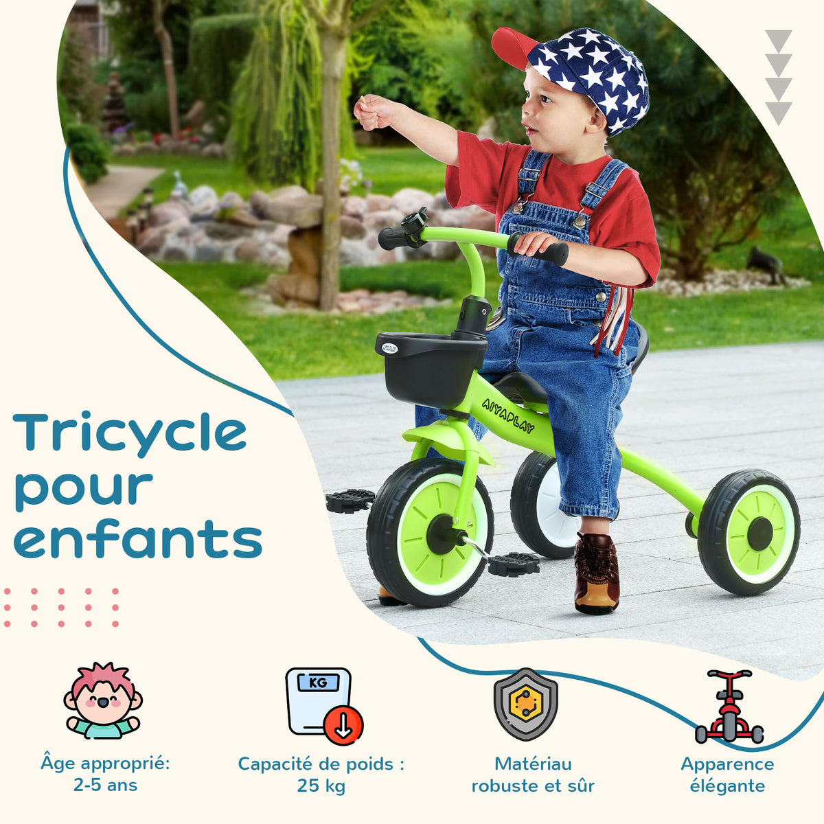 Tricycle enfants avec sonnette et panier selle réglable avec dossier - pour enfant de 2 à 5 ans vert-3