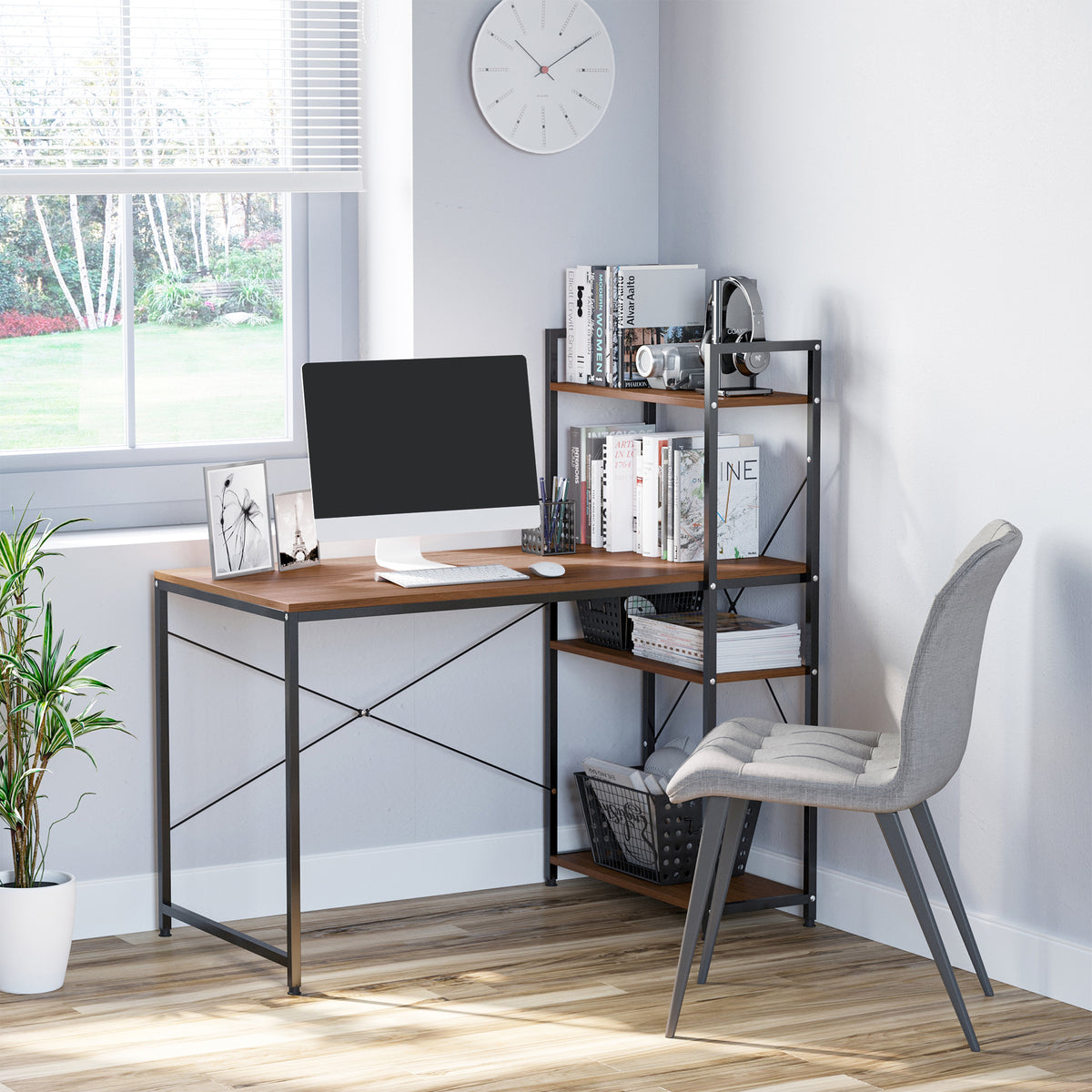 Bureau d'angle avec rangement design Industriel avec bibliothèque 3 étagères panneaux particules aspect noyer-3