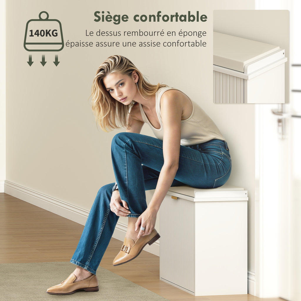 Banc à chaussures avec coussin d'assise rembourré et tiroir rabattable pour couloir, chambre, 62 x 26 x 47,5 cm, blanc-6