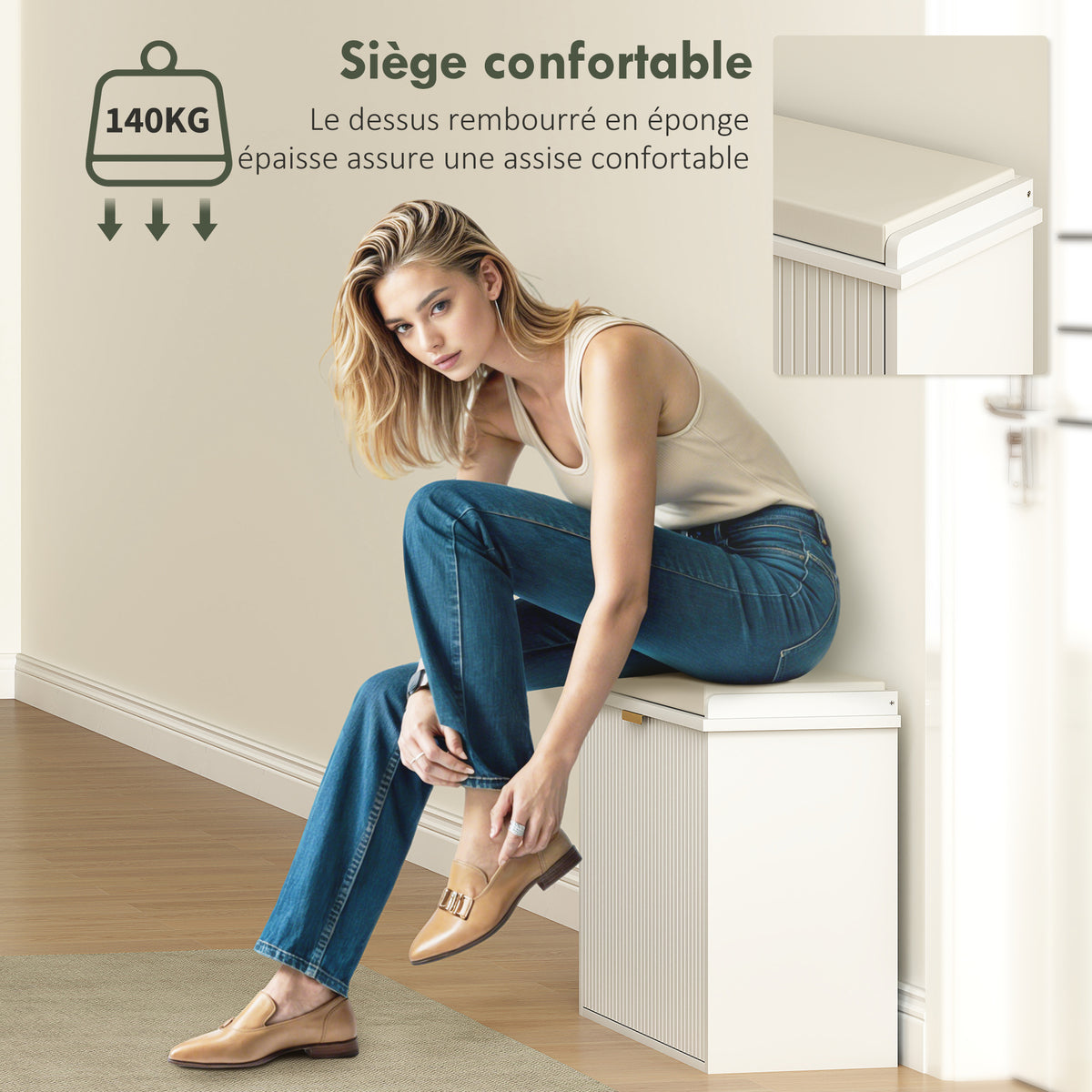 Banc à chaussures avec coussin d'assise rembourré et tiroir rabattable pour couloir, chambre, 62 x 26 x 47,5 cm, blanc-6